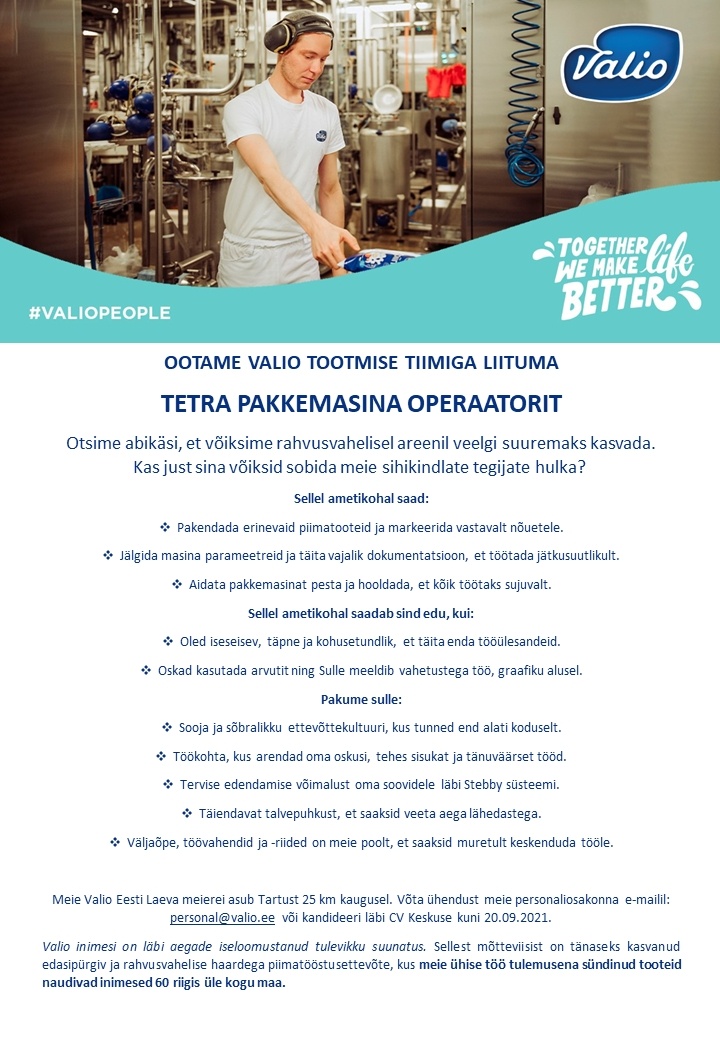 Valio Eesti AS Tetra pakkemasina operaator