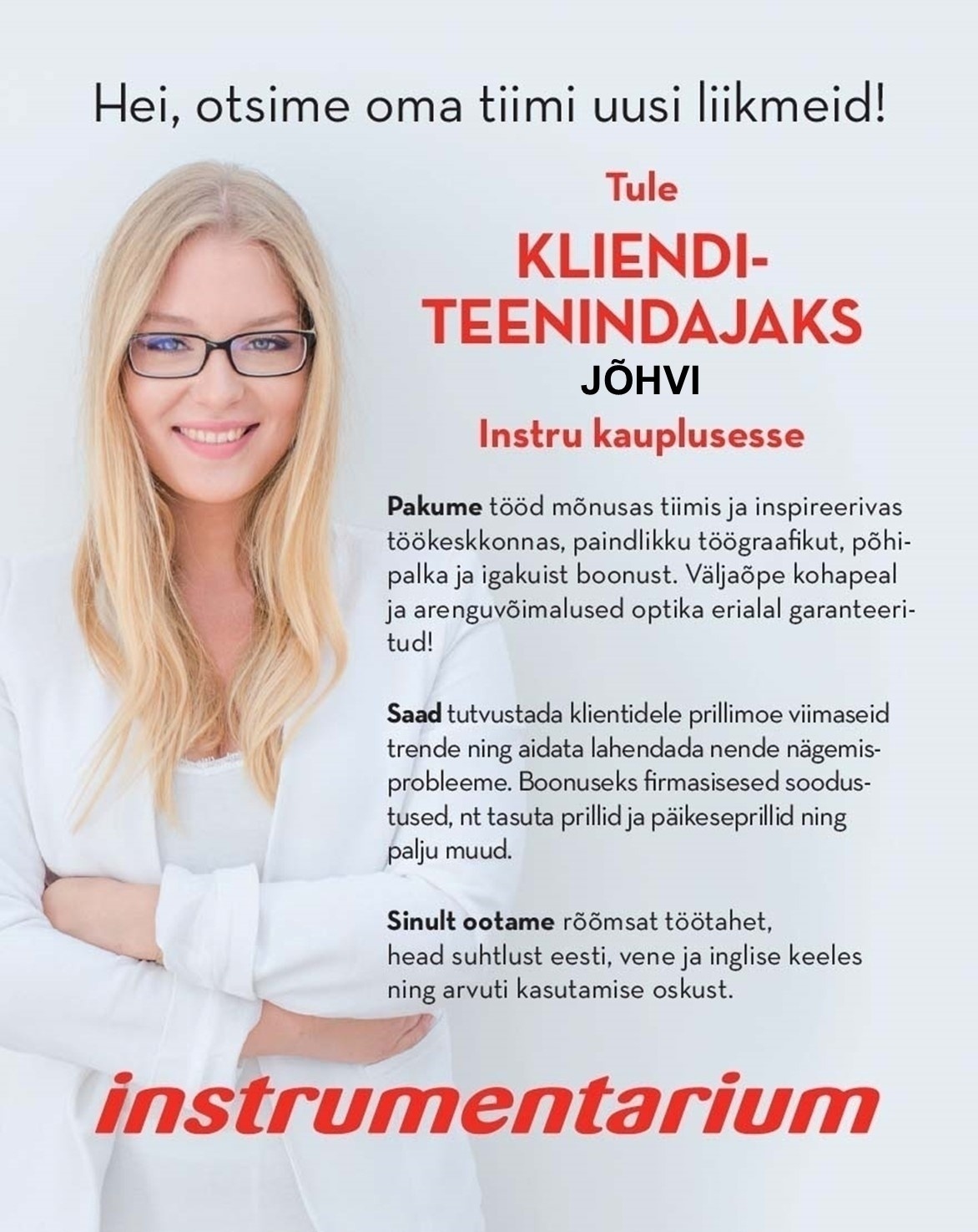 Instrumentarium Optika OÜ Tule KLIENDITEENINDAJAKS Jõhvi Instru kauplusesse