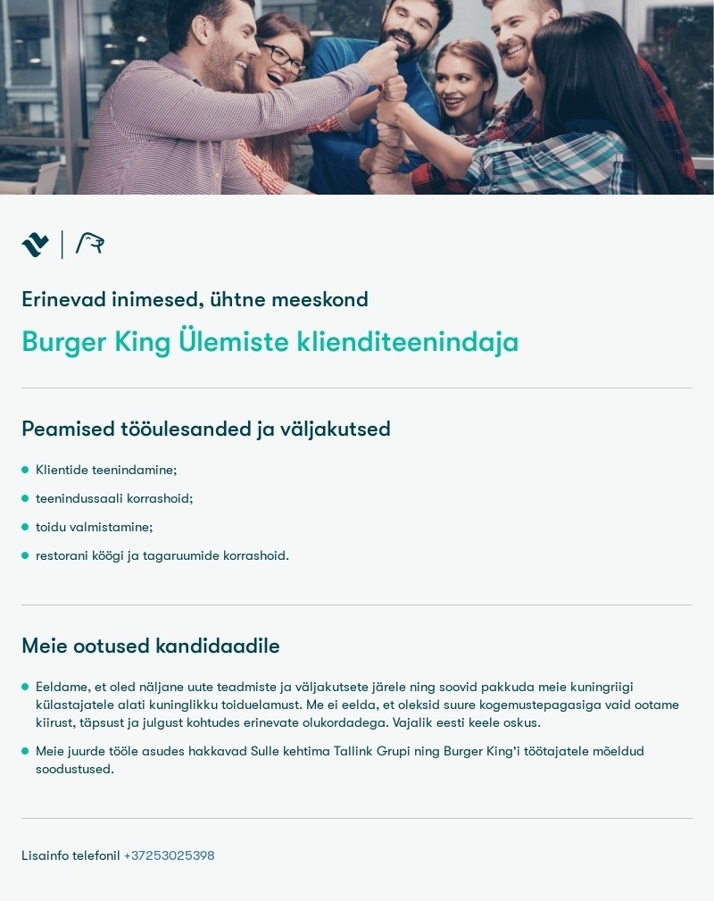 Tallink Grupp AS Burger King klienditeenindaja Ülemiste keskuses