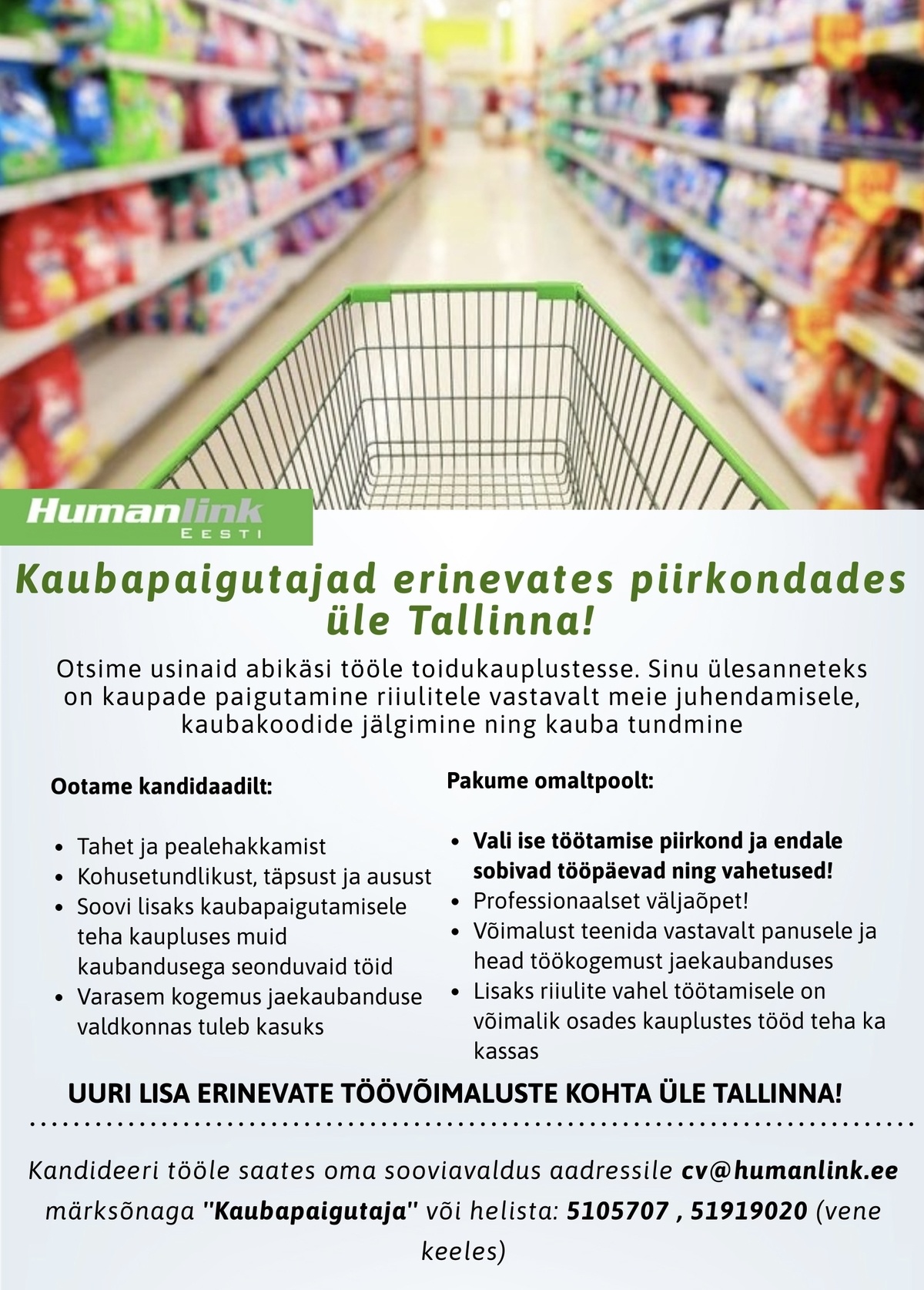 Humanlink Estonia OÜ Kaubapaigutaja erinevates kauplustes üle Tallinna!