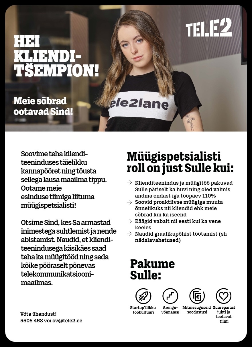 Tele2 Eesti AS Klienditšempion (lapsehoolduspuhkuse asendaja)