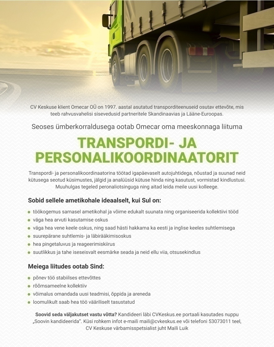 Omecar OÜ  Transpordi- ja personalikoordinaator