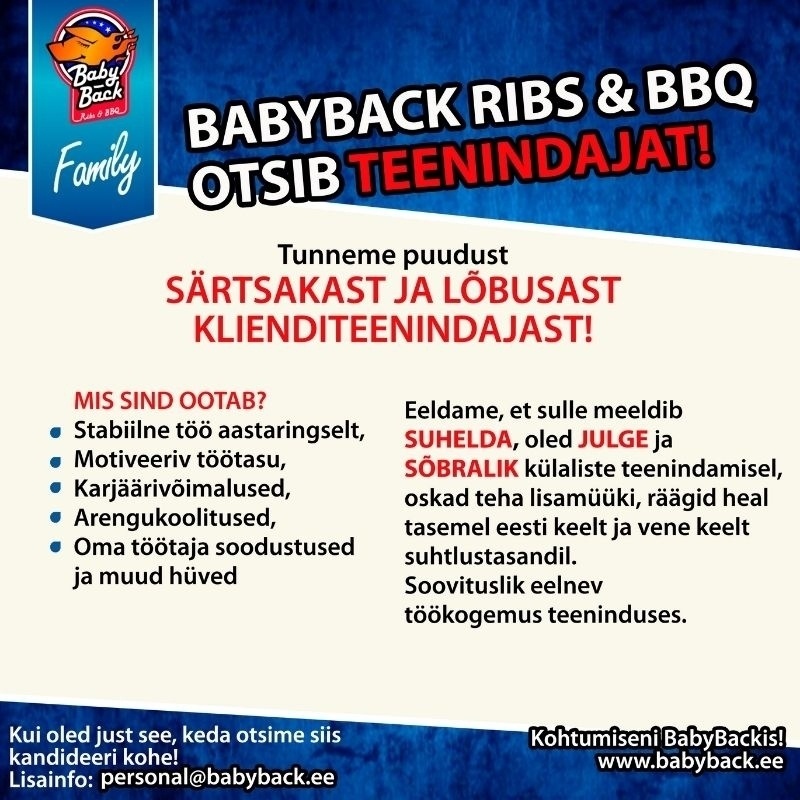 Vellosar Kaubanduse OÜ BabyBack Ribs & BBQ TEENINDAJA