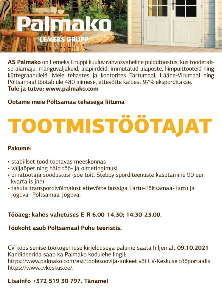 Palmako AS Tootmistöötaja (PÕLTSAMAA tehas)