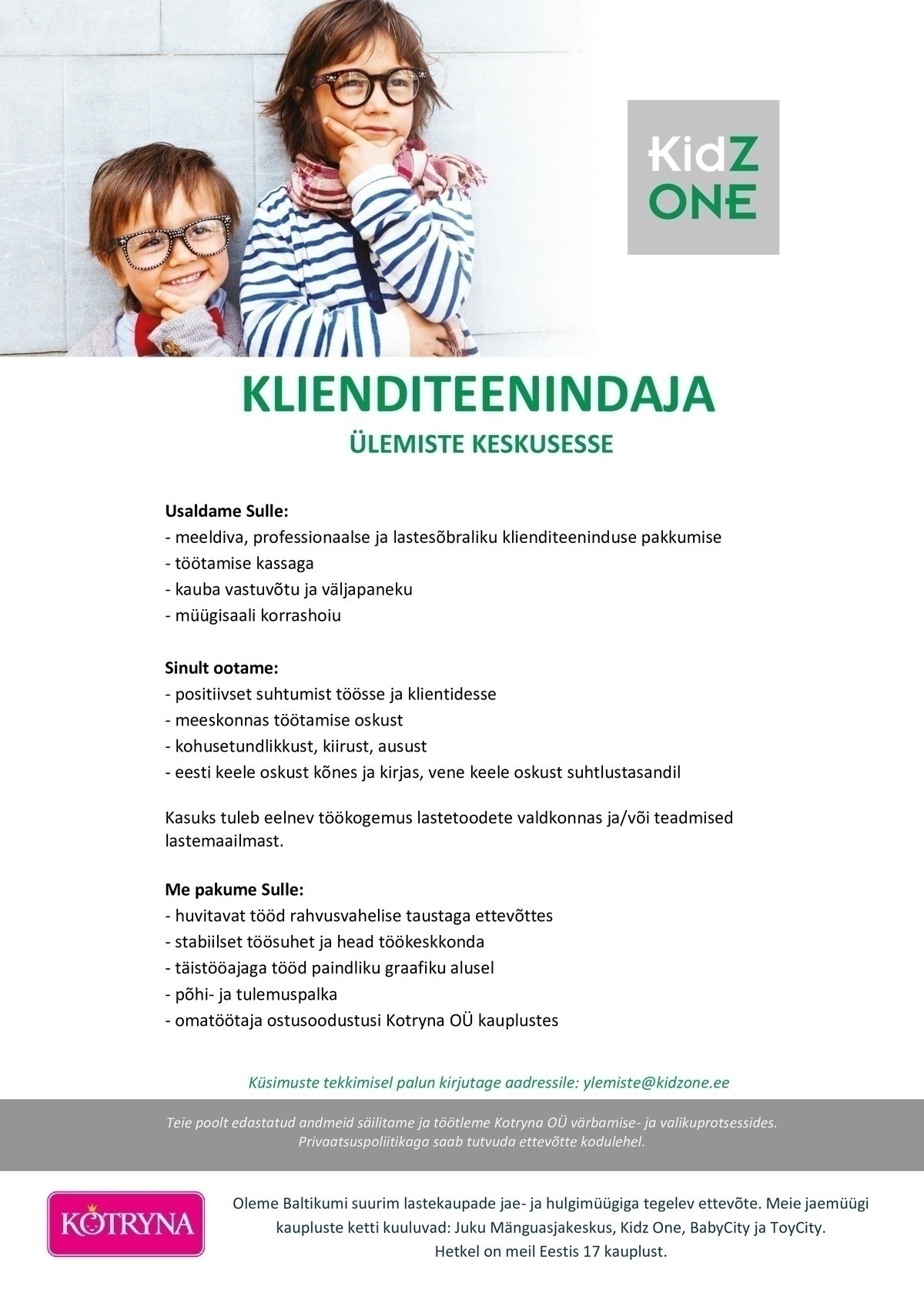 Kotryna OÜ Ülemiste KidzOne klienditeenindaja