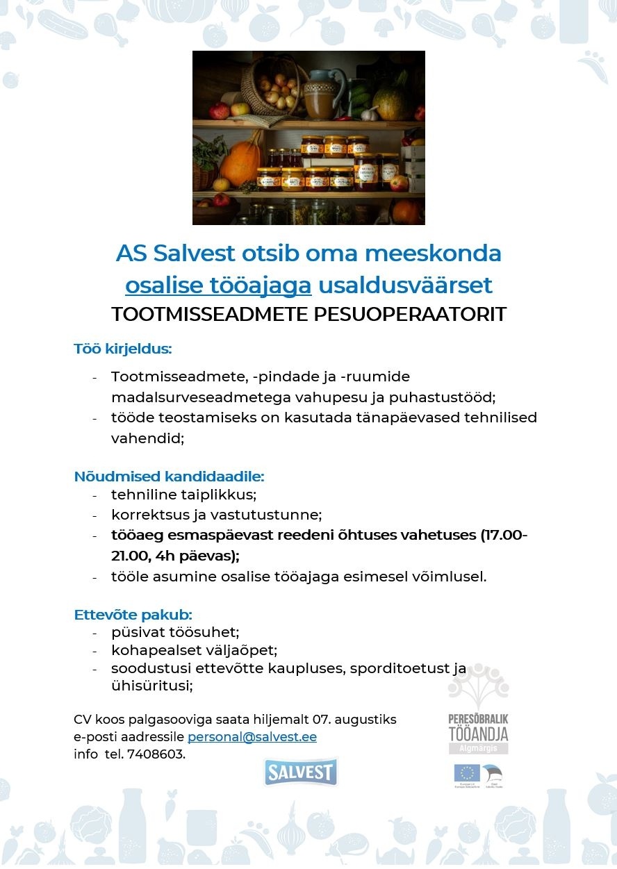 Salvest AS Tootmisseadmete pesuoperaator (0,5 koormus)