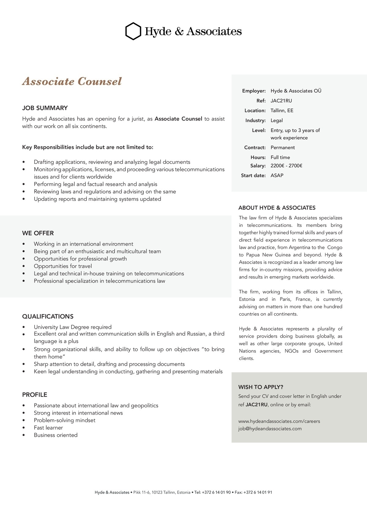 HYDE & ASSOCIATES OÜ Associate Counsel