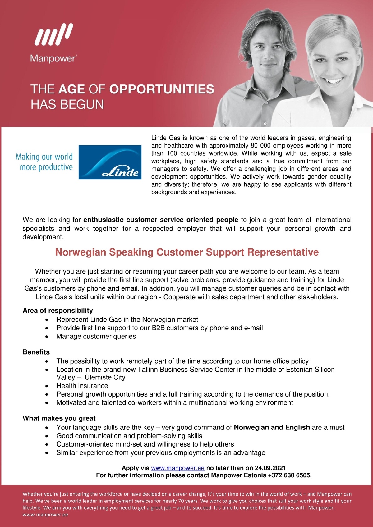 Manpower OÜ CUSTOMER SUPPORT REPRESENTATIVE (NORWEGIAN SPEAKING)