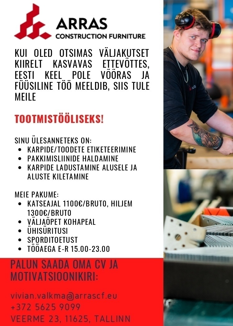 Arras Construction Furniture OÜ Tootmistöötaja