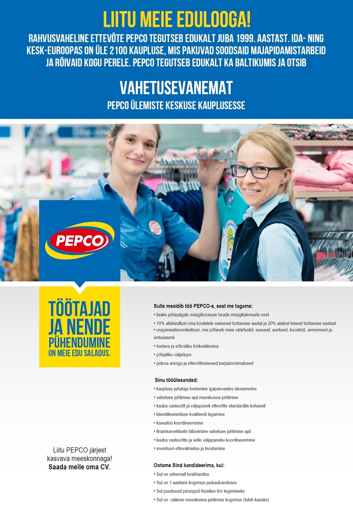 Pepco Estonia OÜ Vahetusevanem PEPCO Ülemiste keskuse kaupluses