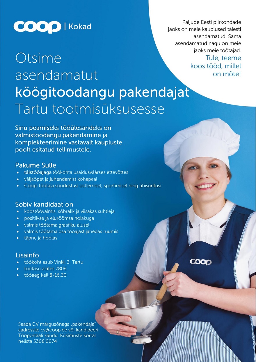 Coop Eesti Keskühistu Köögitoodangu pakendaja-komplekteerija (Coop Kokad)