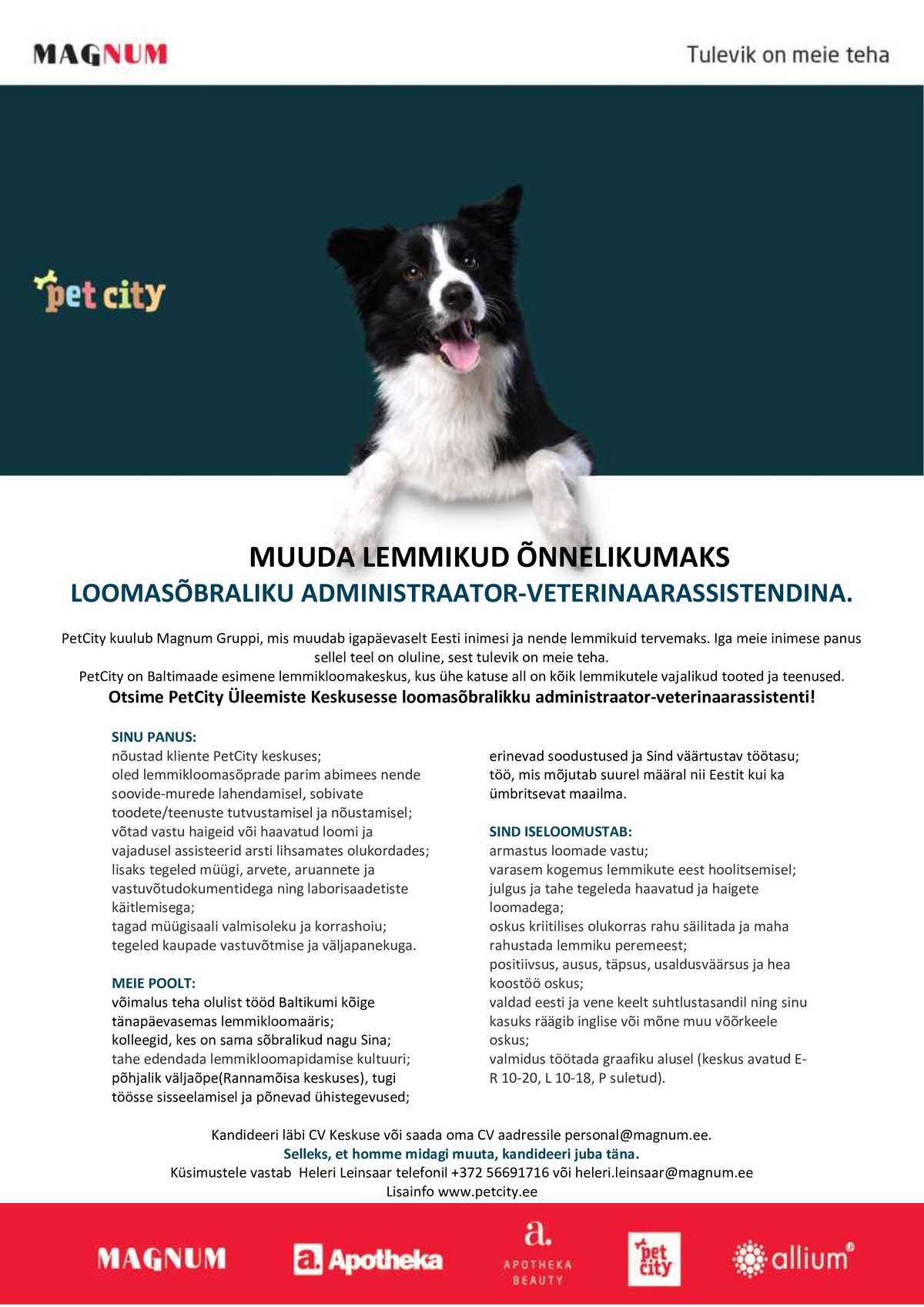 PET CITY OÜ Administraator-veterinaarassistent Ülemiste PetCitysse