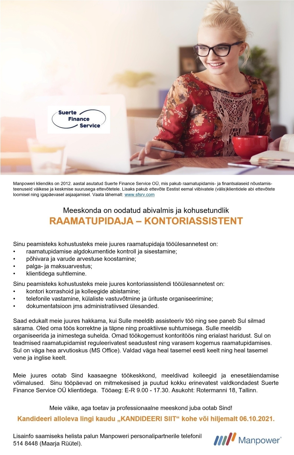 Manpower OÜ RAAMATUPIDAJA–KONTORIASSISTENT