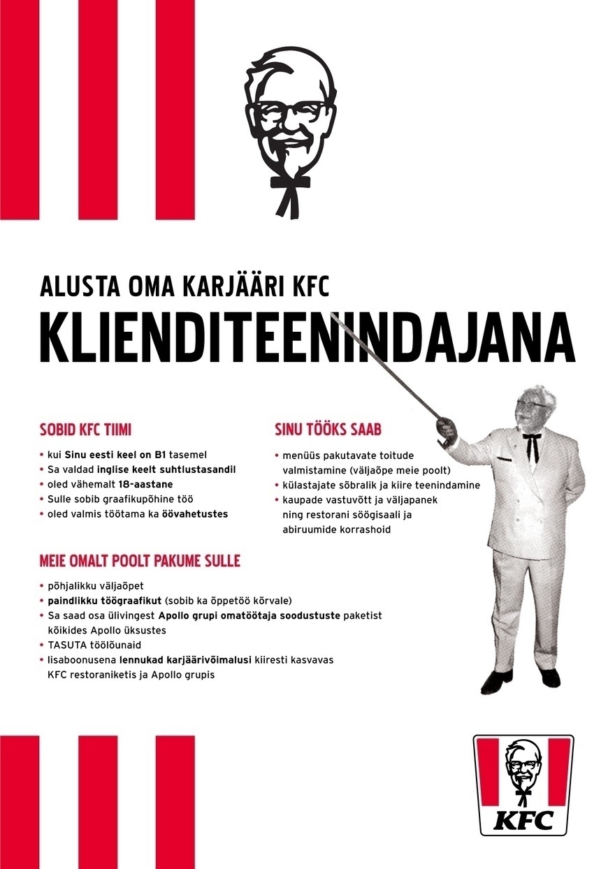 APL Fresh Food SIA KFC Lõunakeskus kutsub tiimi KLIENDITEENINDAJAID