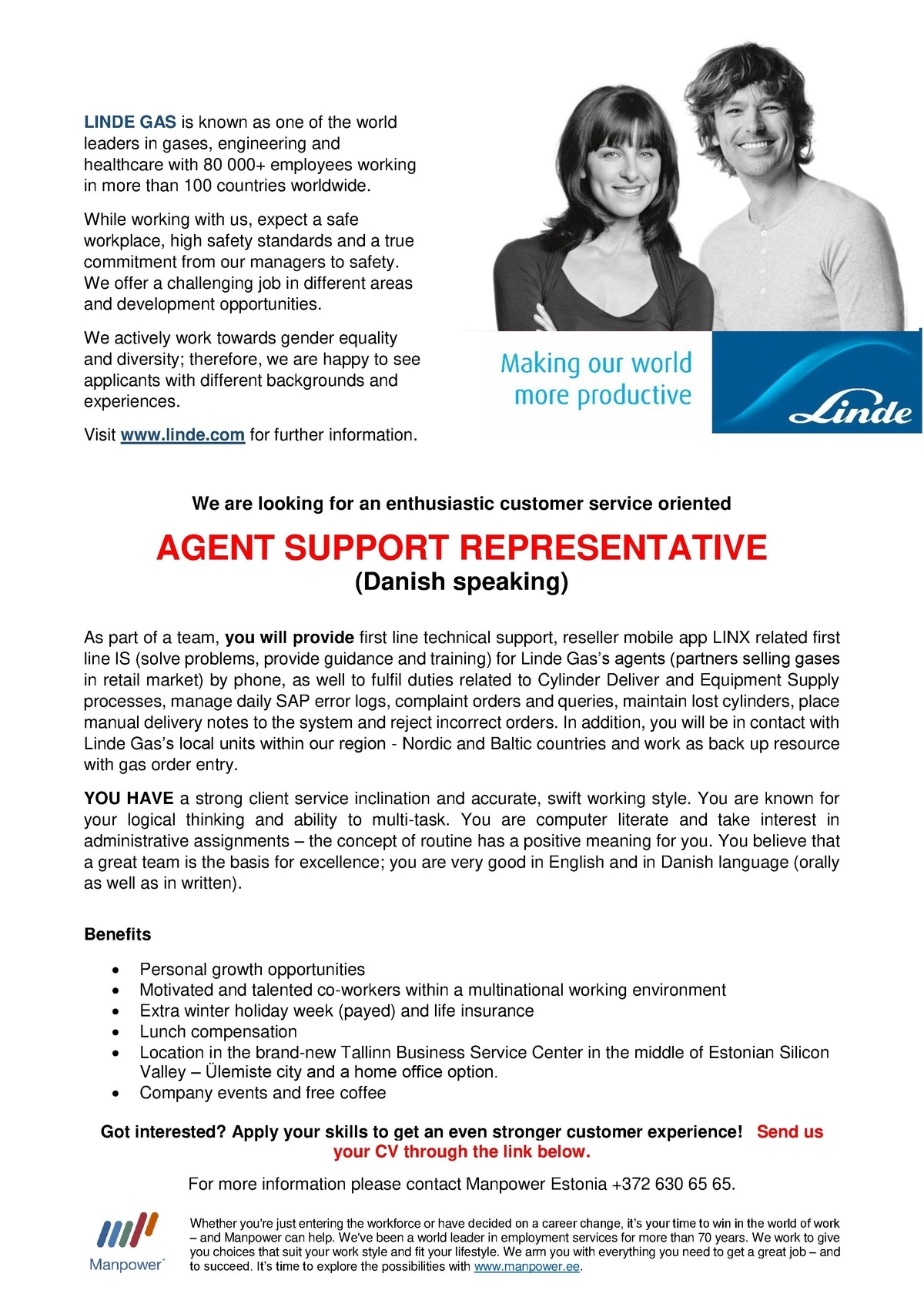 Manpower OÜ AGENT SUPPORT REPRESENTATIVE (Danish speaking)