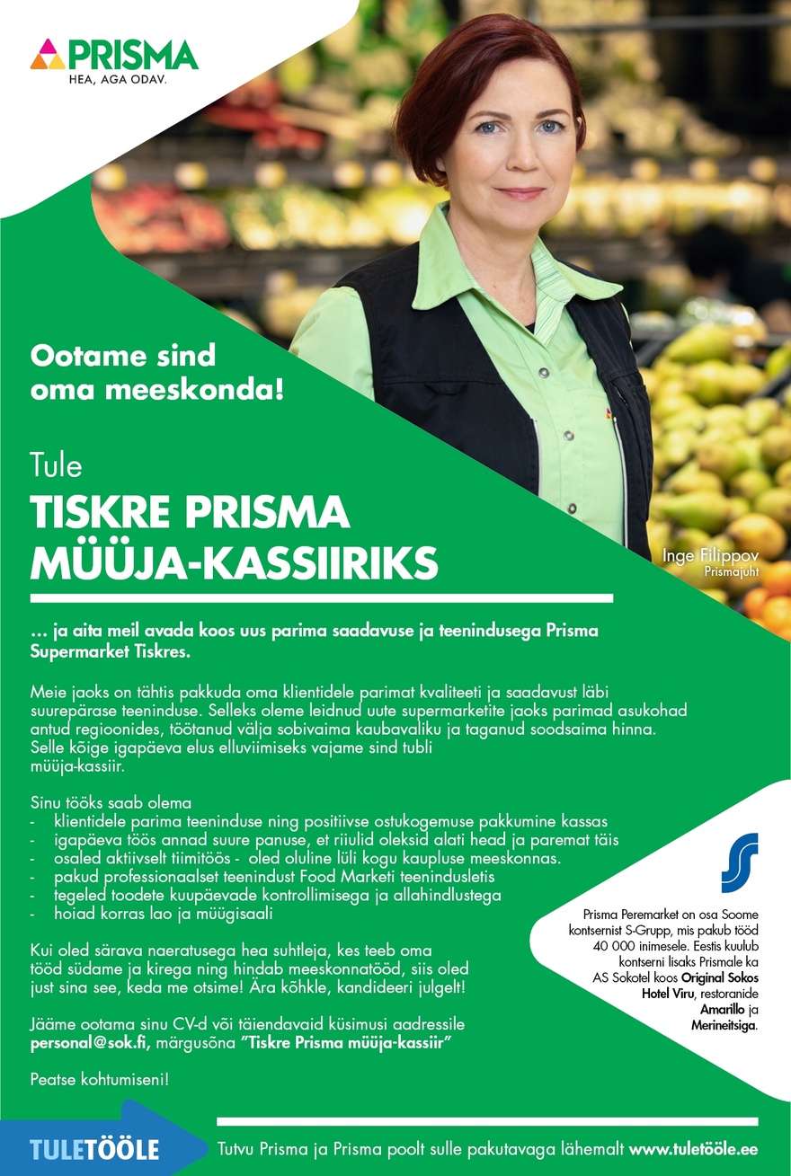 Prisma Peremarket AS Müüja-kassiir Tiskre Prismas