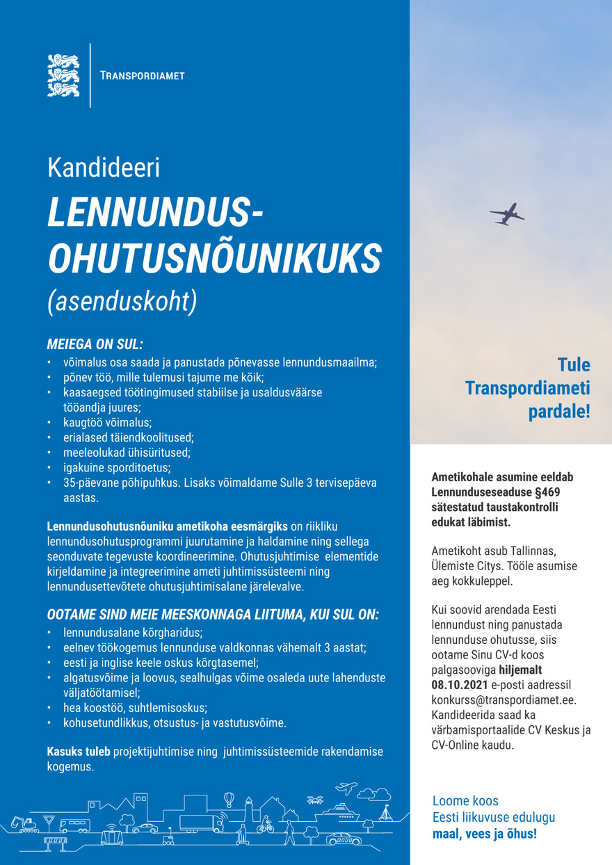 Transpordiamet Lennundusohutusnõunik (asenduskoht)