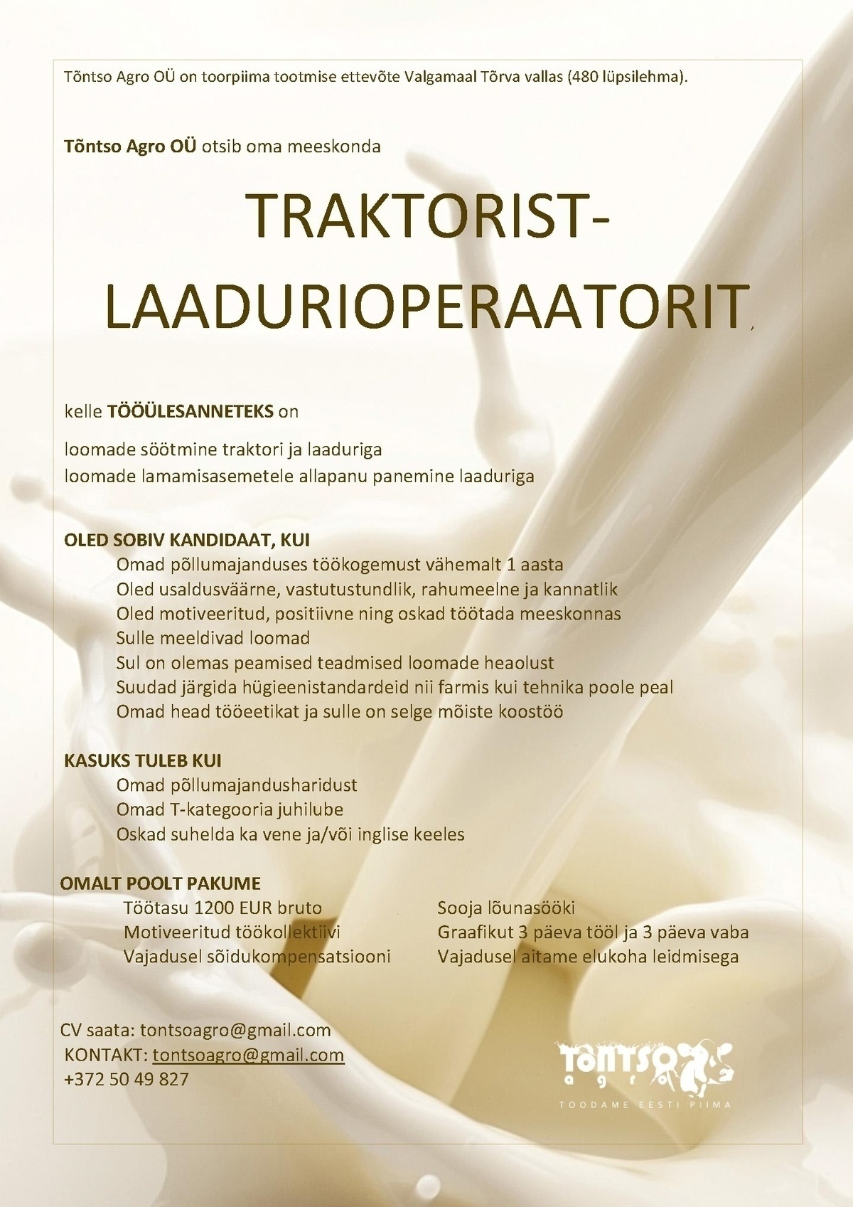 TÕNTSO AGRO OÜ TRAKTORIST-LAADURIOPERAATOR