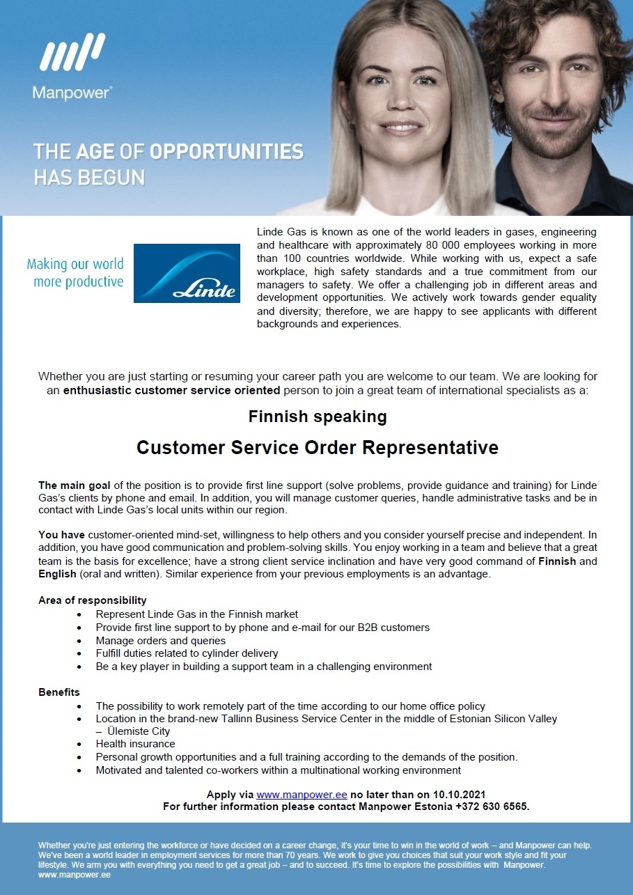 Manpower OÜ CUSTOMER SERVICE ORDER REPRESENTATIVE (Finnish speaking)