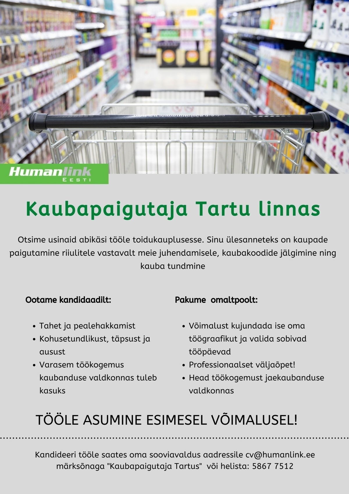 Humanlink Estonia OÜ Kaubapaigutaja Tartu linnas!