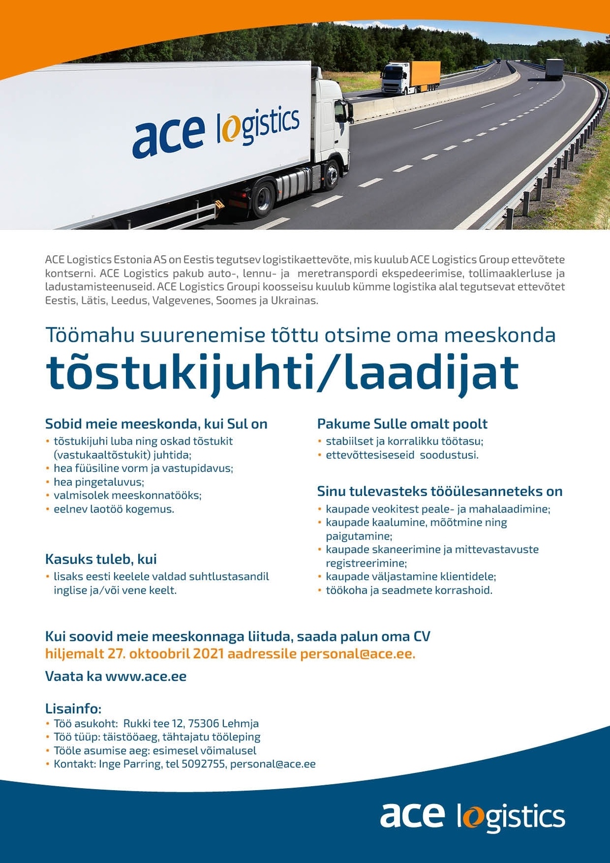 ACE Logistics Estonia AS Tõstukijuht