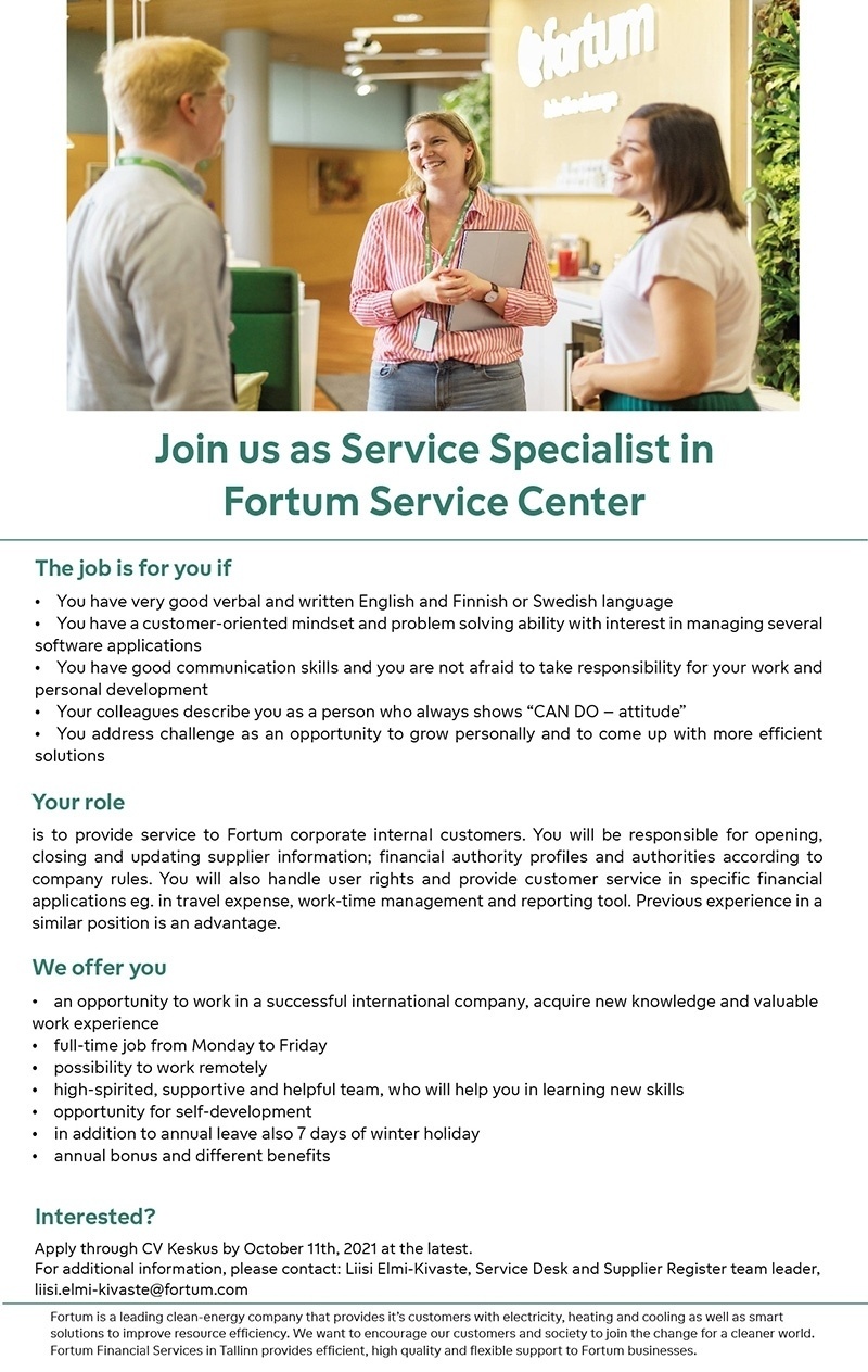 FORTUM CFS EESTI OÜ Service Specialist