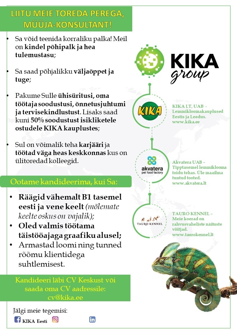 KIKA EE OÜ Müüja-konsultant (Lasnamäe Centrumi KIKA kaupluses, ajutine, haiguslehel olevate töötajate asendamiseks)