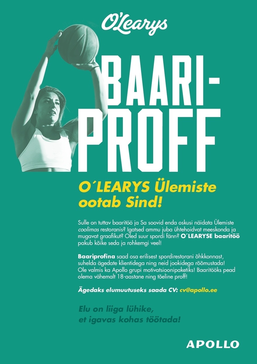 APL Restoranid OÜ O´LEARYS Ülemiste ootab Sind, BAARIPROFF!