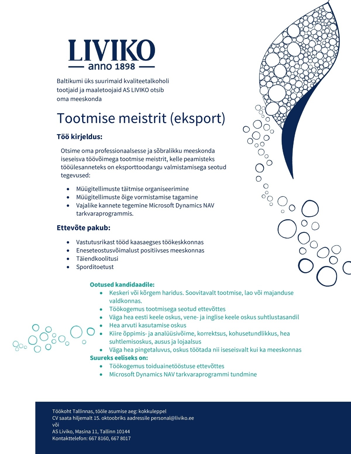 Liviko AS Tootmise meister (eksport)