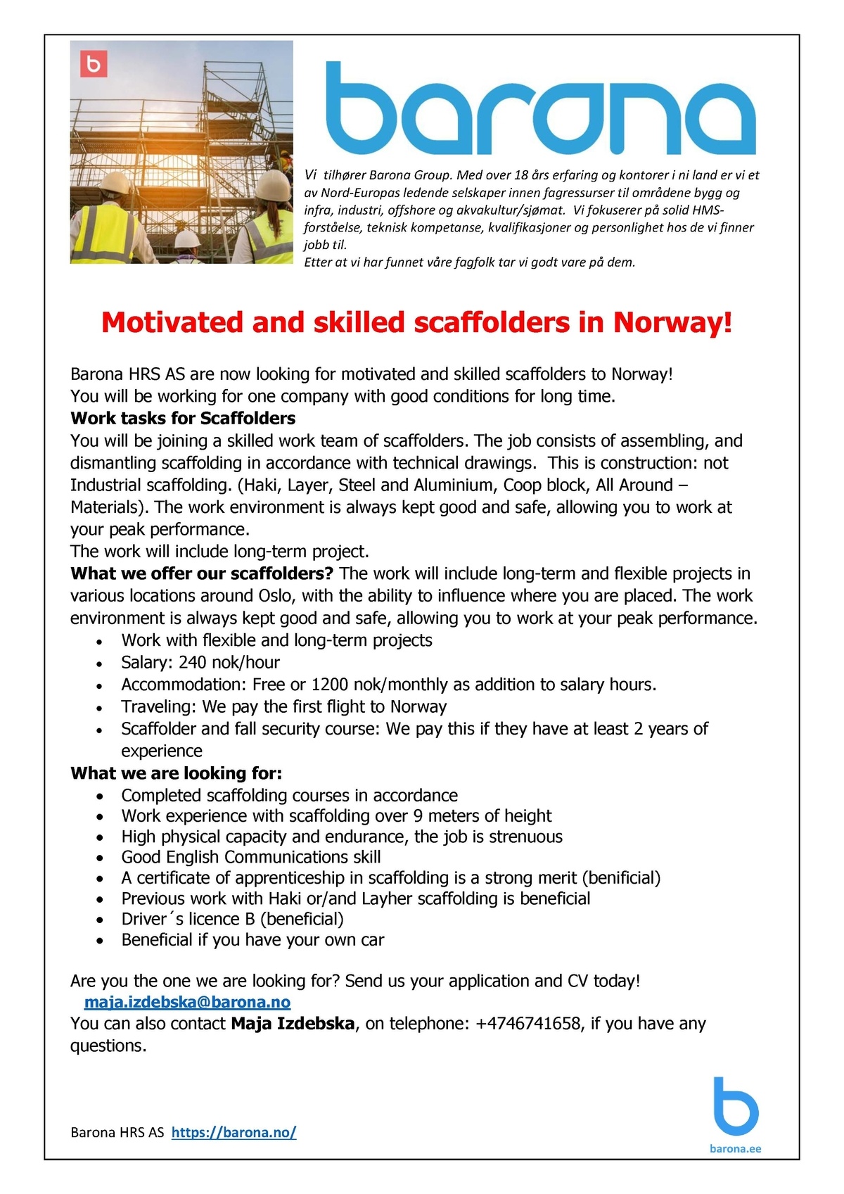 Barona Eesti OÜ Motivated and skilled scaffolders in Norway!