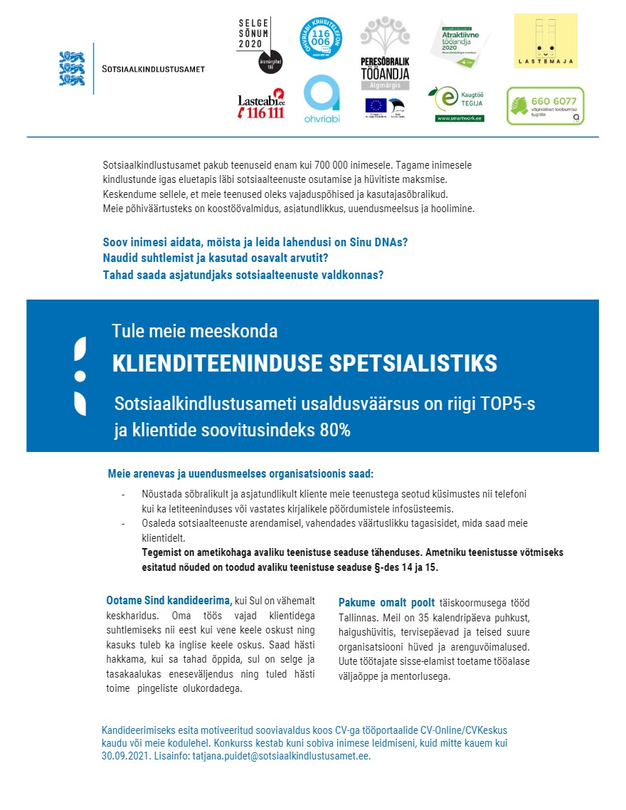 Sotsiaalkindlustusamet Klienditeeninduse spetsialist (Tallinn)