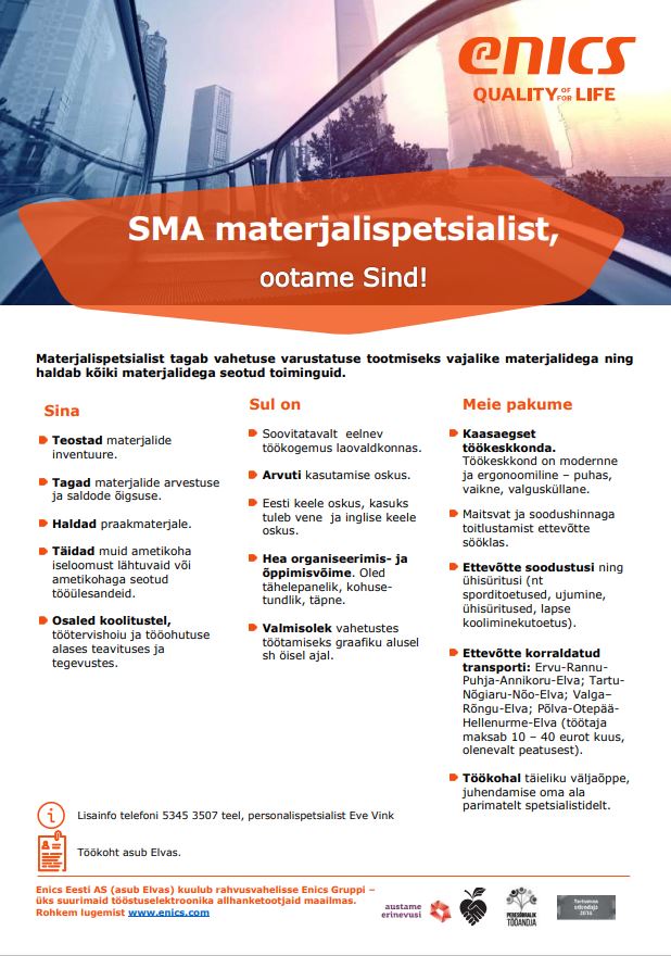 Enics Estonia SMA materjalispetsialist