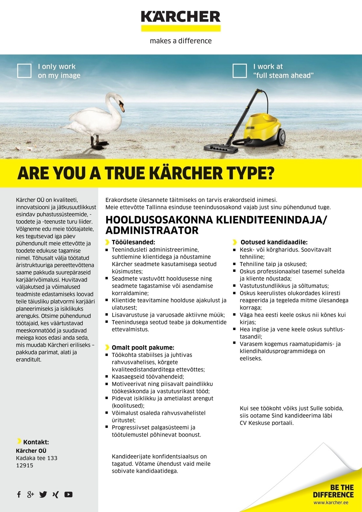 KÄRCHER OÜ HOOLDUSOSAKONNA KLIENDITEENINDAJA/ ADMINISTRAATOR