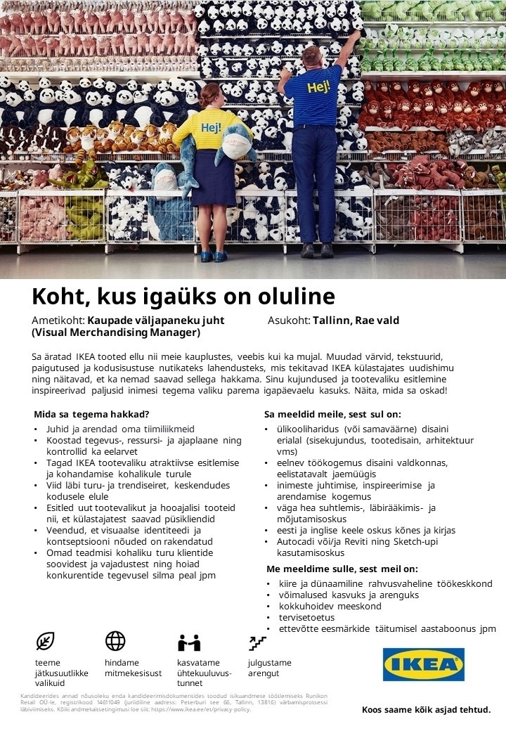 Runikon Retail OÜ (IKEA Estonia) Kaupade väljapaneku juht (Visual Merchandising Manager)