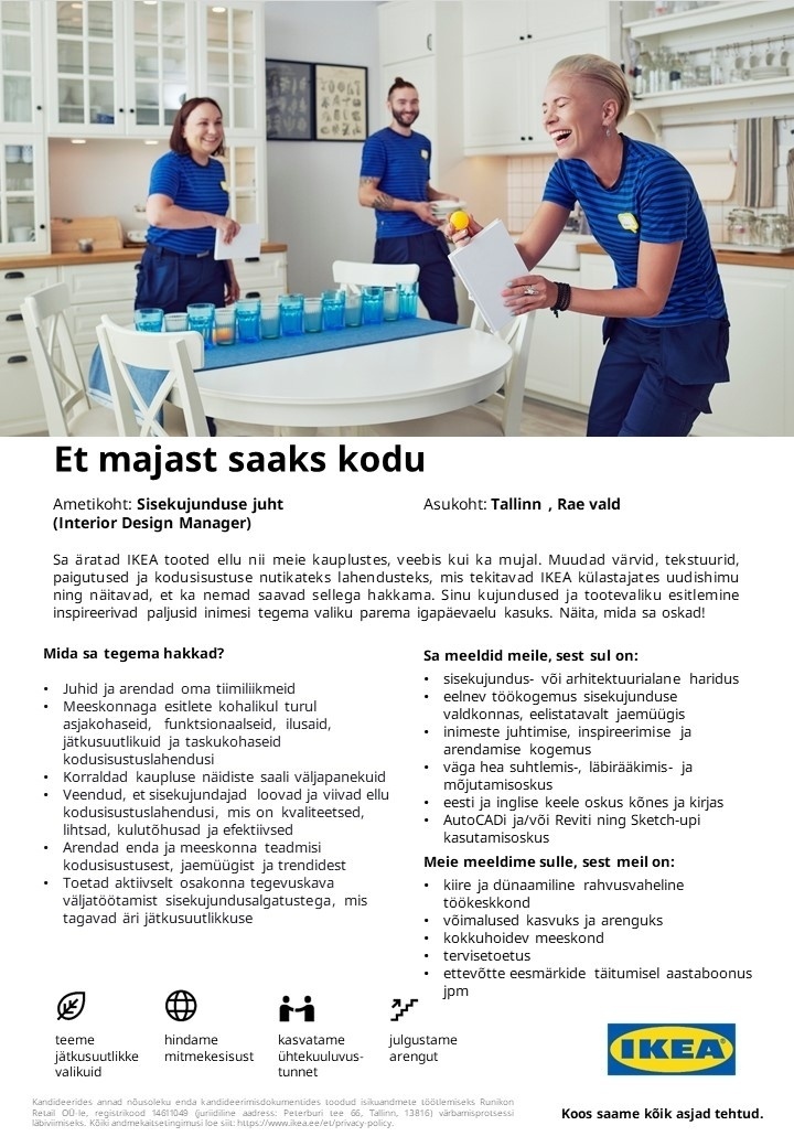 Runikon Retail OÜ (IKEA Estonia) Sisekujunduse juht (Interior Design Manager)