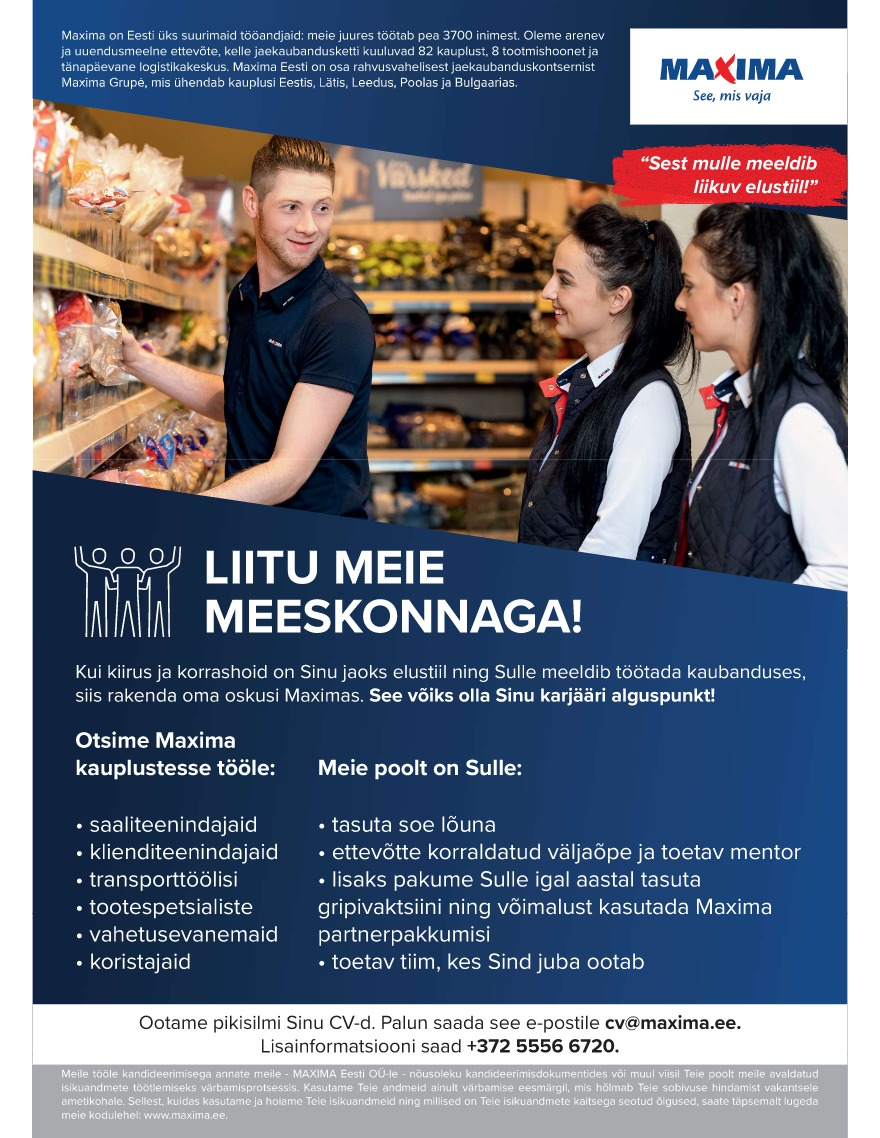 Maxima Eesti OÜ Tule liitu meie Ilmatsalu Maxima tiimiga
