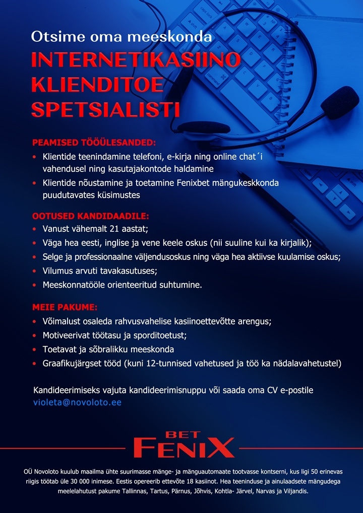 Novoloto OÜ INTERNETIKASIINO KLIENDITOE SPETSIALIST (ONLINE CASINO CUSTOMER SUPPORT)
