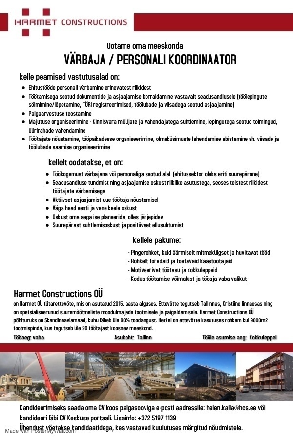 Harmet Constructions OÜ Värbaja / personali koordinaator