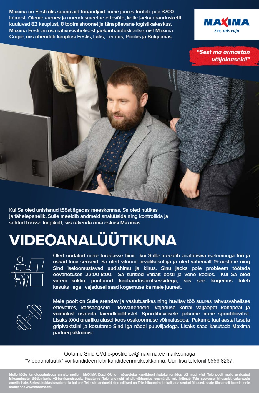 MAXIMA Eesti OÜ Videoanalüütik (öine)