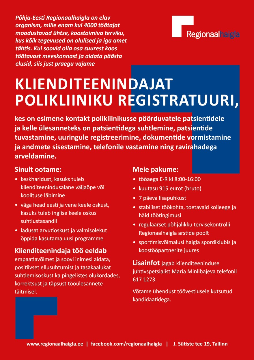 Põhja-Eesti Regionaalhaigla Klienditeenindaja polikliiniku registratuuri