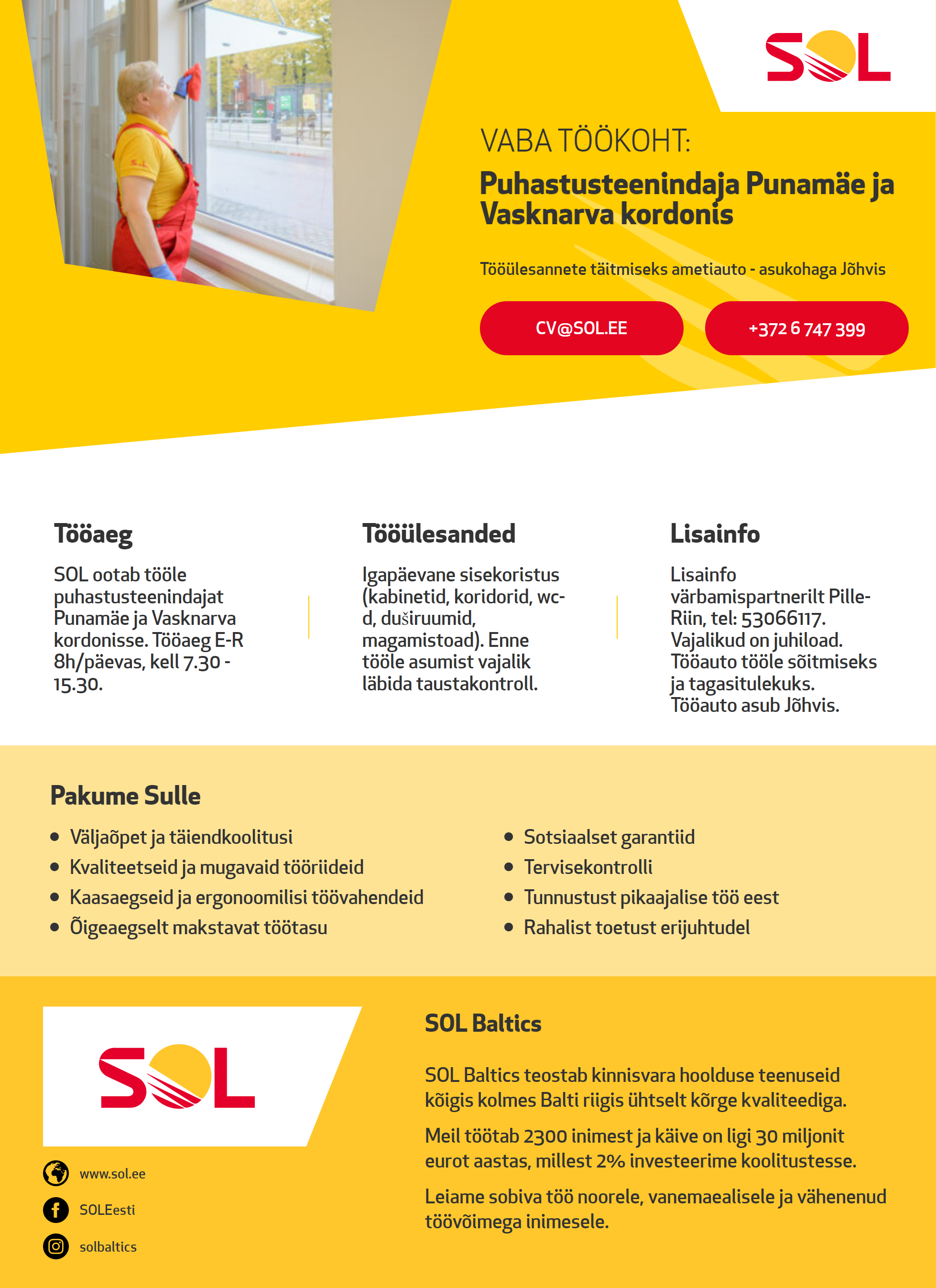 SOL Baltics OÜ Puhastusteenindaja Punamäe ja Vasknarva kordonis - tööülesannete täitmiseks auto.