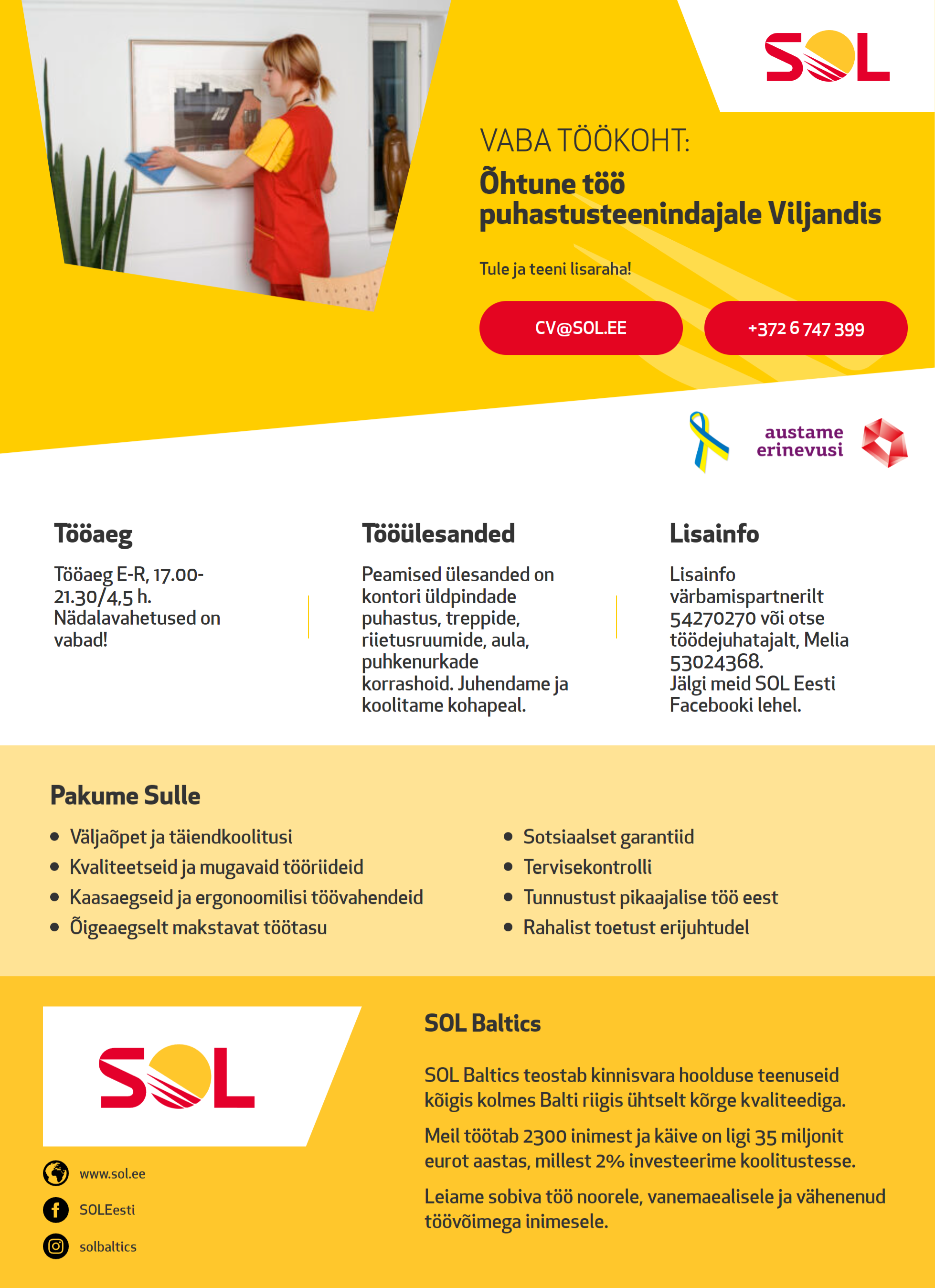 SOL Baltics OÜ Õhtune töö puhastusteenindajale Viljandis - hea lisatööks!