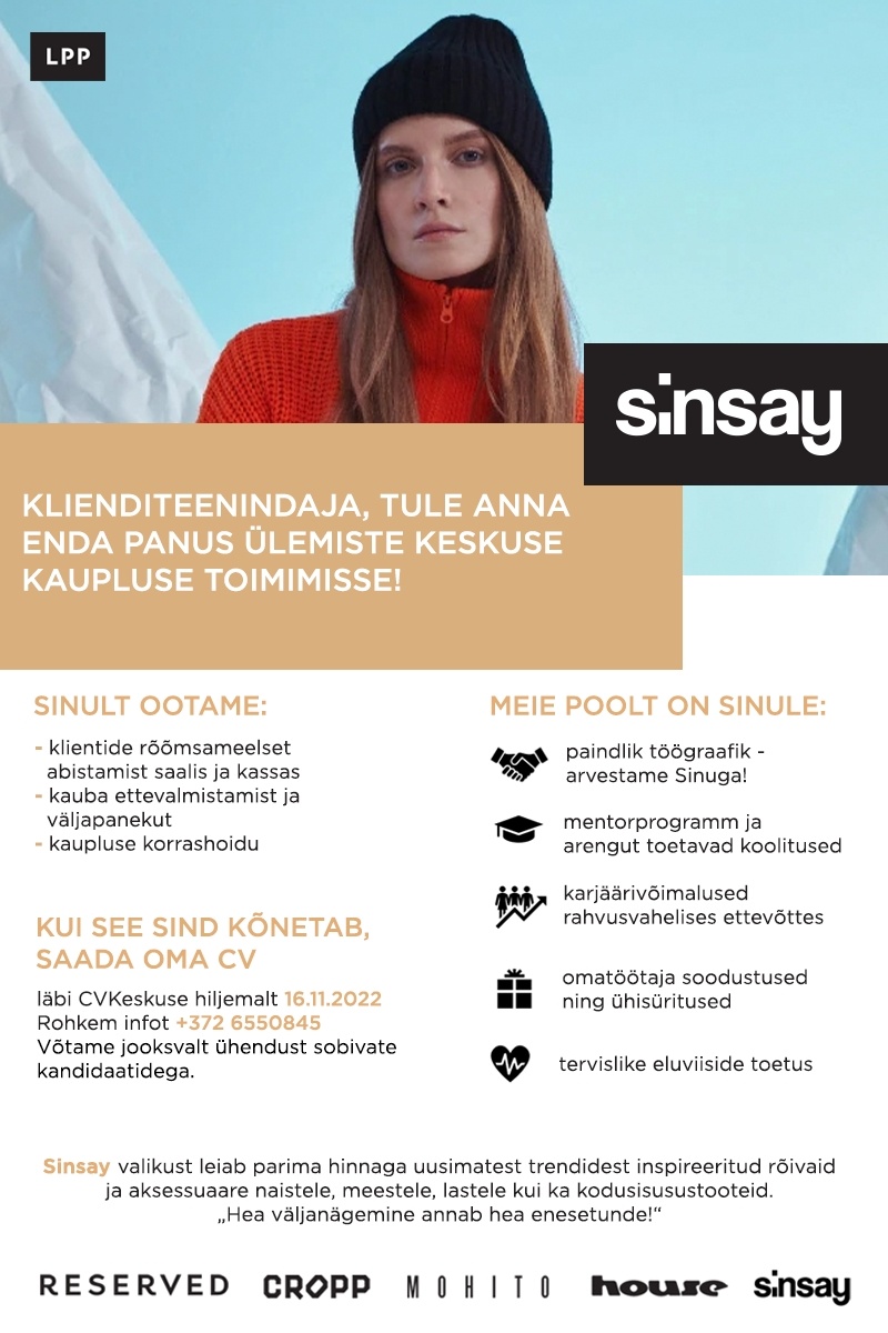 LPP Estonia OÜ Klienditeenindaja Ülemiste Keskuse SINSAY kauplusesse!
