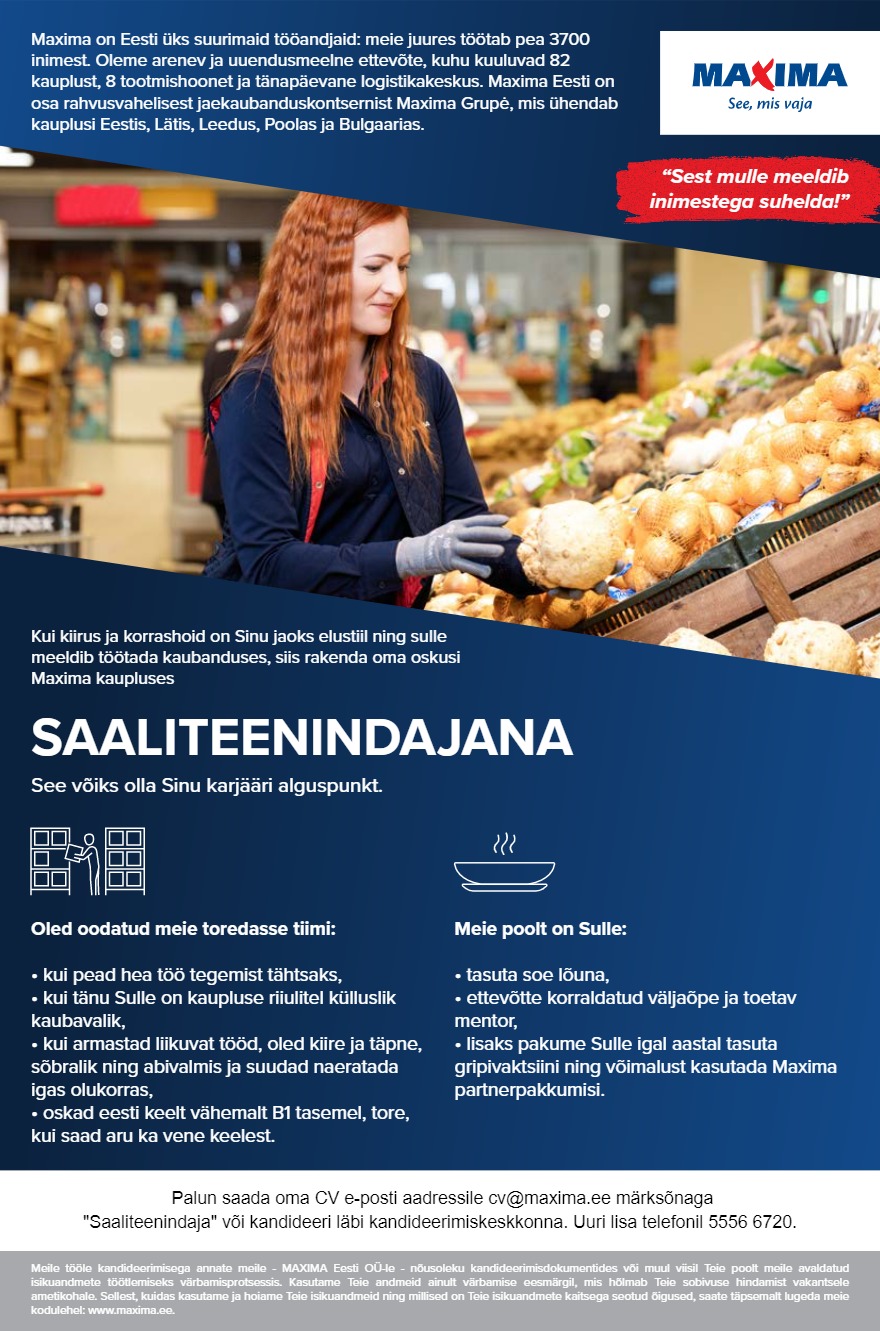 Maxima Eesti OÜ Saaliteenindaja Tartu Maximas (Kalda tee 15)