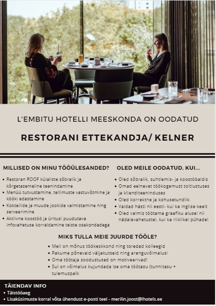Hotel Lembitu OÜ Restorani ettekandja/kelner