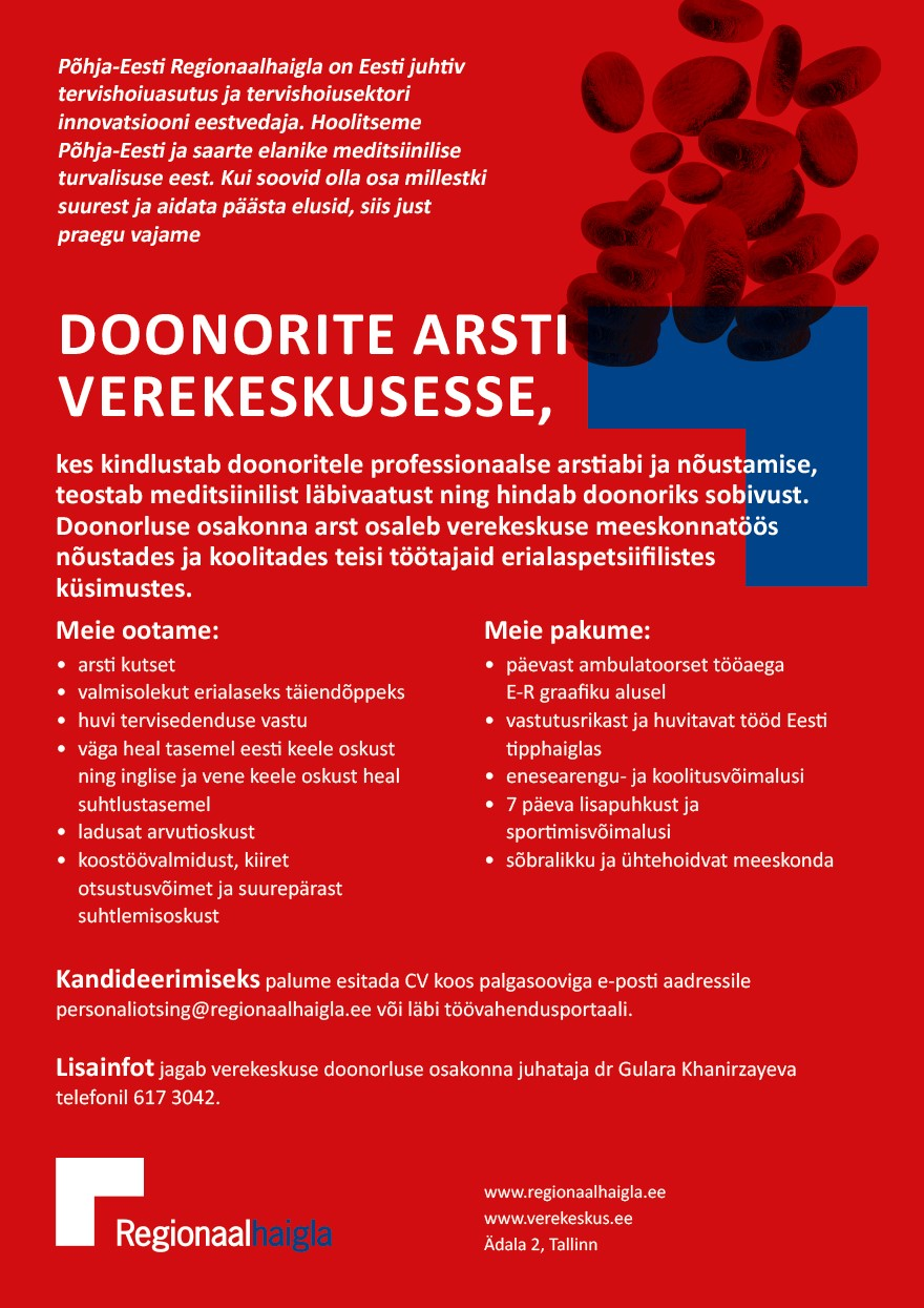 Põhja-Eesti Regionaalhaigla Doonorite arst verekeskusesse