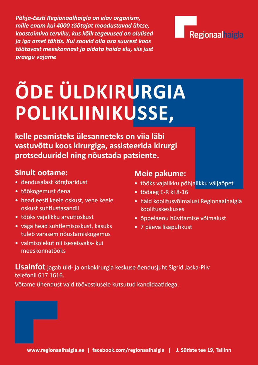 Põhja-Eesti Regionaalhaigla Õde üldkirurgia polikliinikusse
