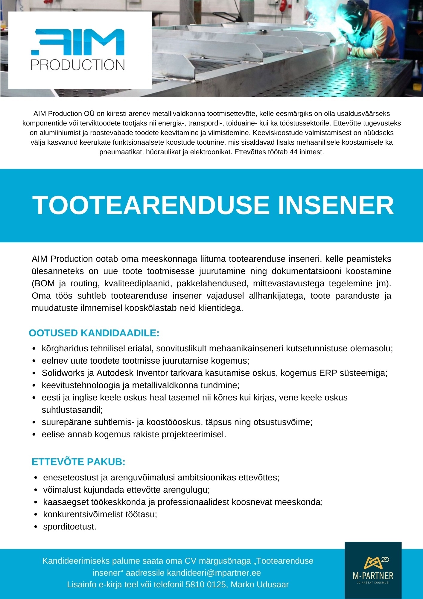 M-Partner HR OÜ Tootearenduse insener