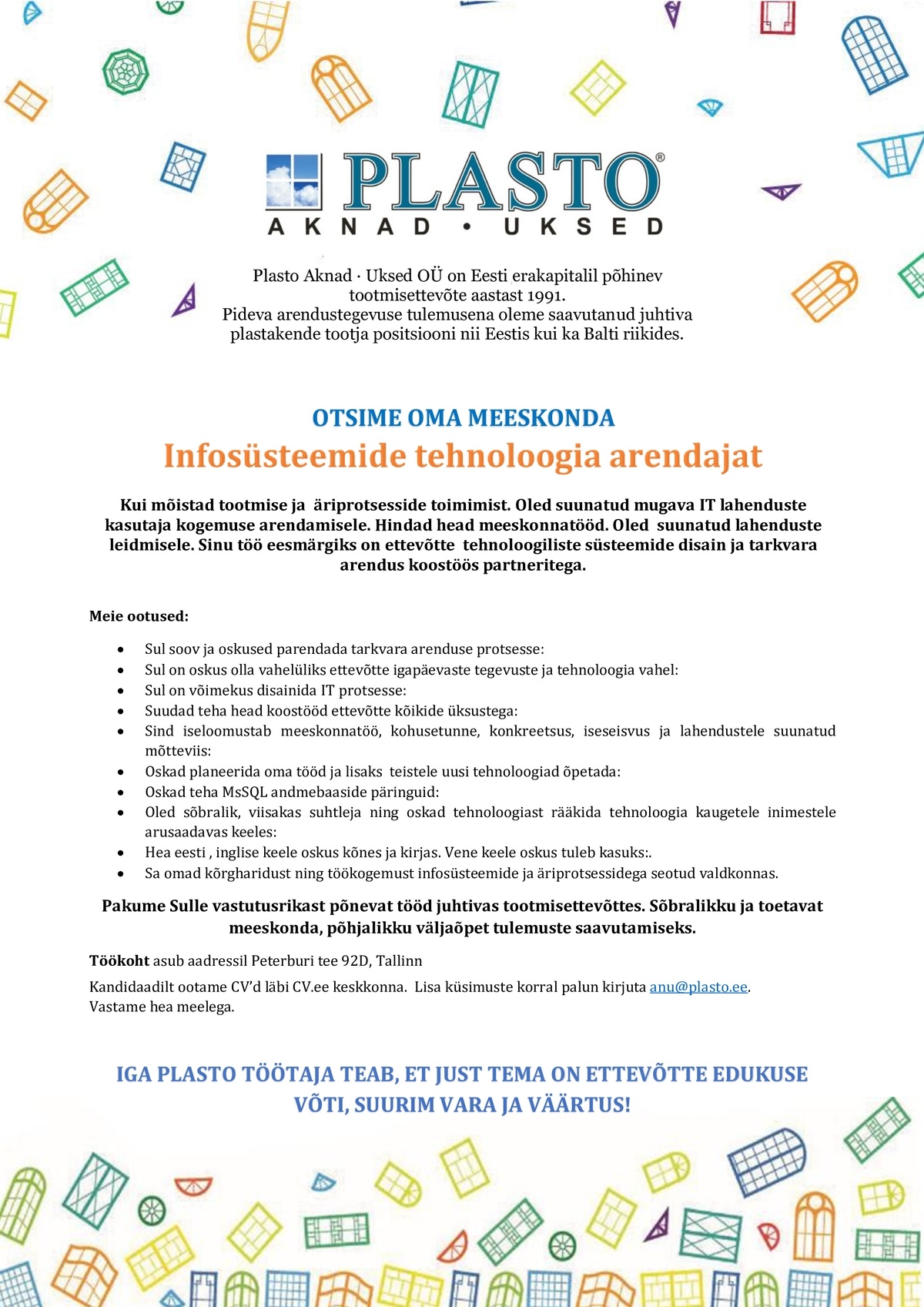 OÜ Plasto Aknad.Uksed Infosüsteemide tehnoloogia arendaja
