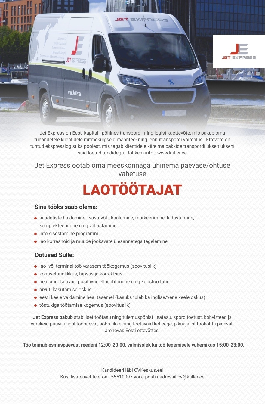 CV Keskus tööpakkumine Jet Express OÜ Laotööline, 2023-02-23